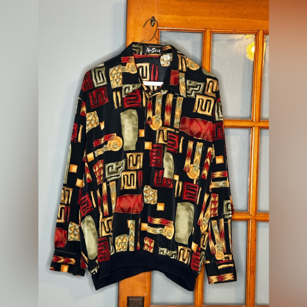Vtg Alan Stuart Long Sleeve Pullover Abstract Shirt w/Elastic Bottom Band